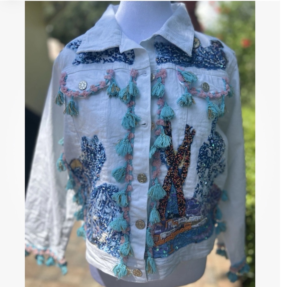 Antica Sartoria Blue 2025 Blue White Beaded Jean Jacket NWT Large